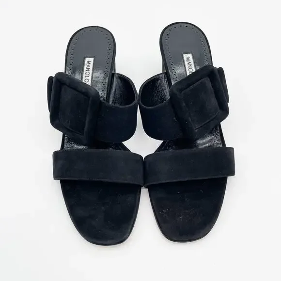 Manolo Blahnik Titubanew Black Suede Open Toe Buckle Mule Sandals Heels IT 36.5 - Picture 6 of 11